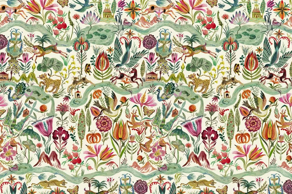 Vibrant floral and animal pattern design.
